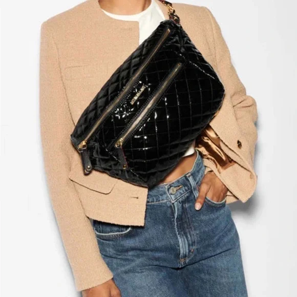 MZ Wallace Black Lacquer Quilted Crosby Sling Belt Bag Crossbody - Picture 3 of 10